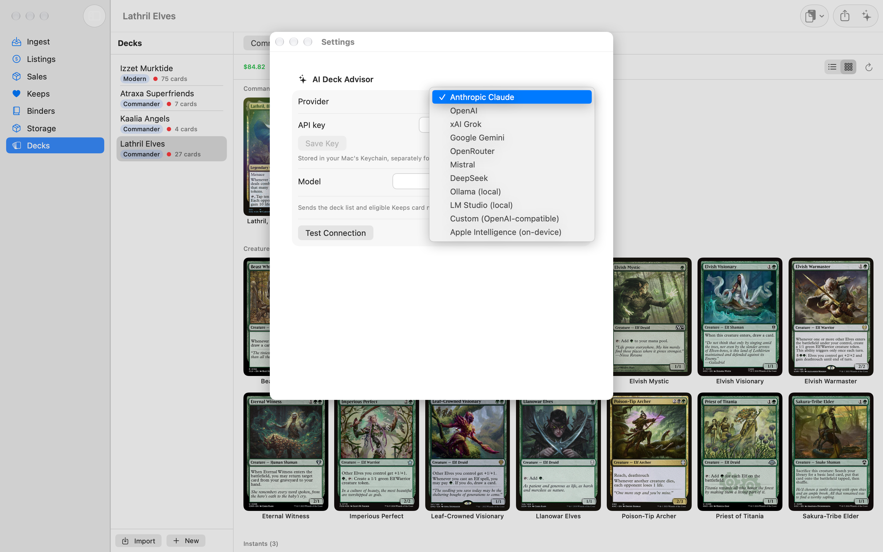The AI Deck Advisor section of Settings: the Provider menu, an API key field with Save Key and Clear, the Model field with a Choose menu, a Test Connection button with a green success message, and the privacy note.