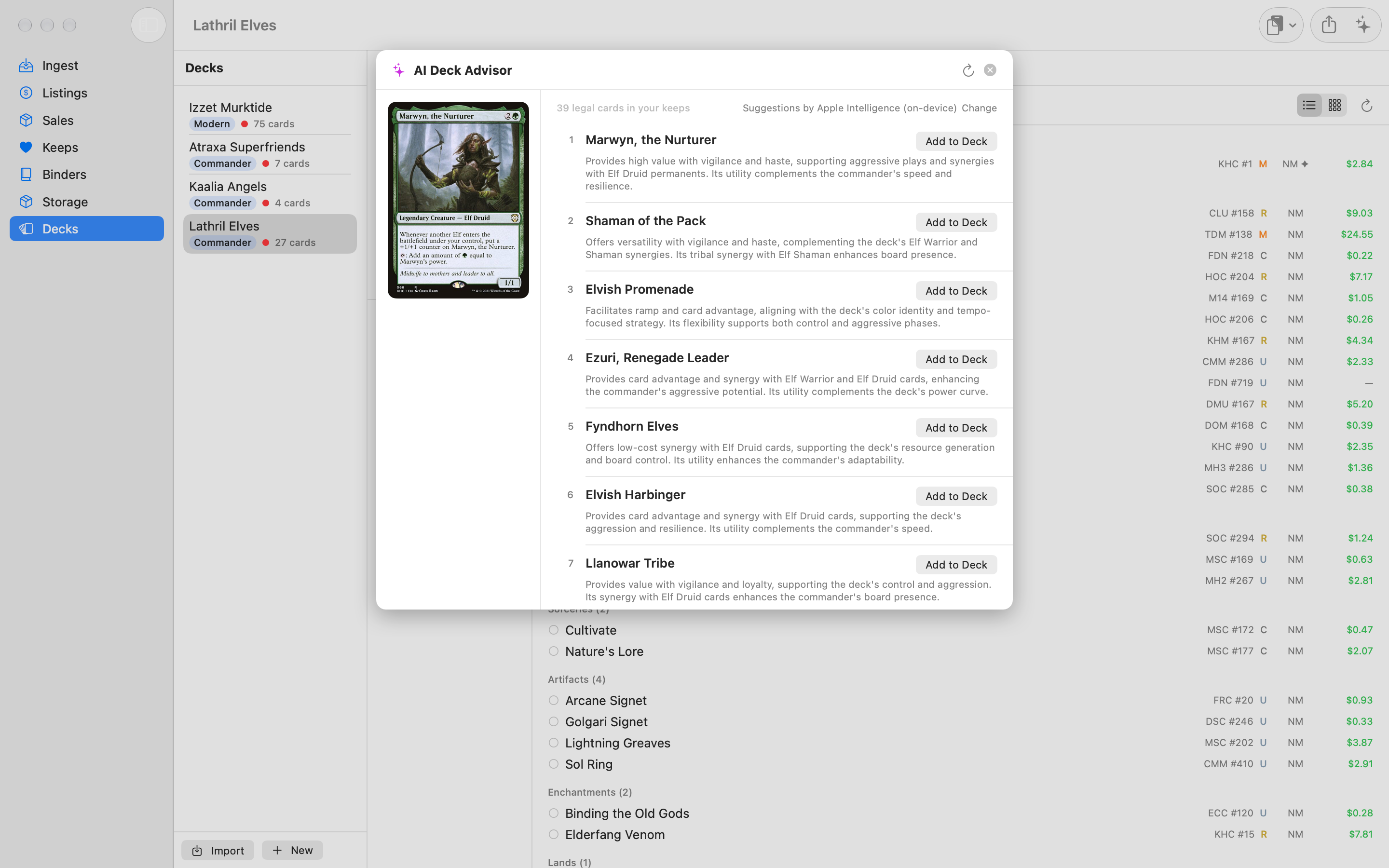 The AI Deck Advisor sheet: a ranked list of ten recommended cards from the user's Keeps, each with a one- or two-sentence reason and an Add to Deck button, and a card image preview.
