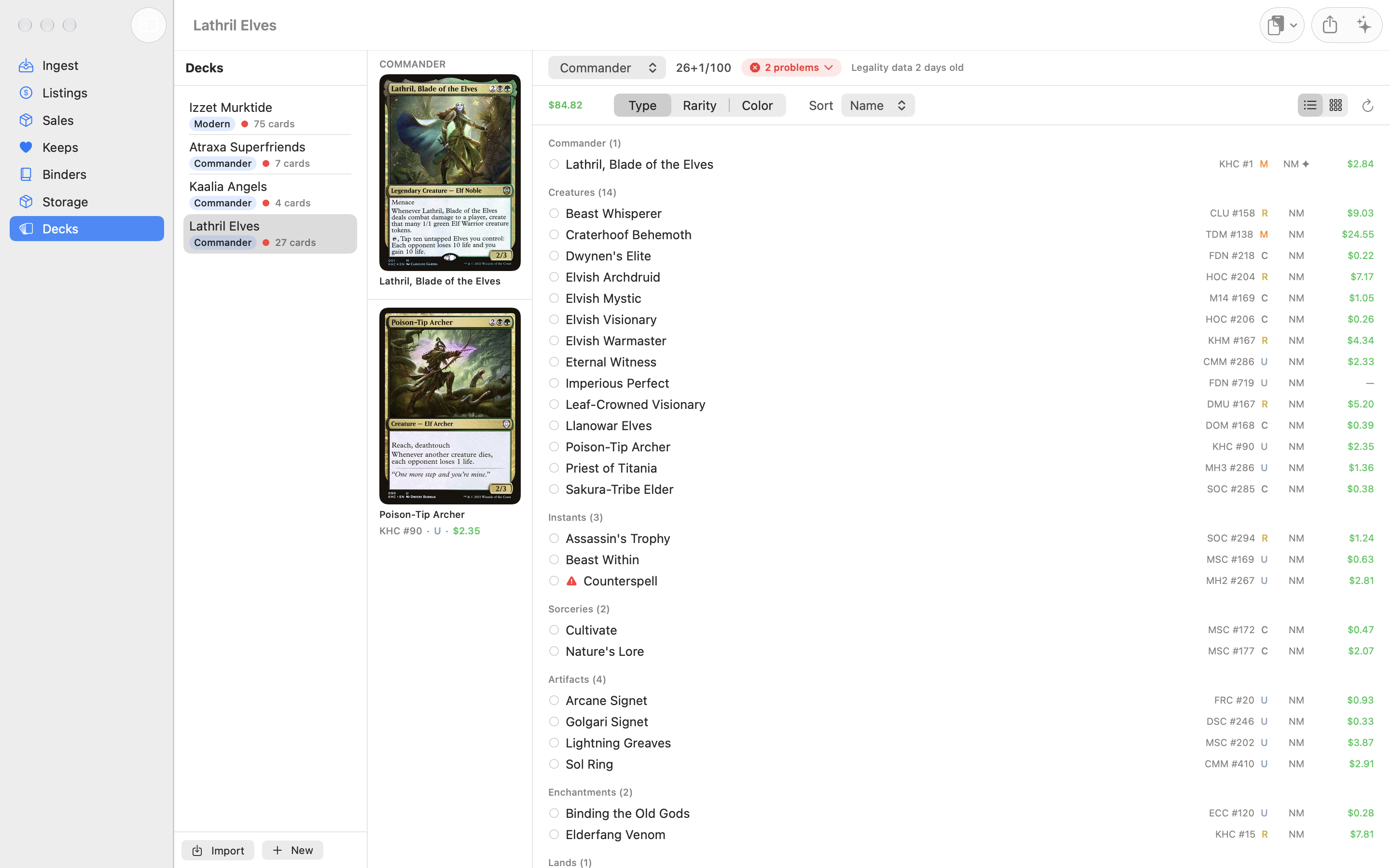 A Commander deck in list view: the commander's card image on the left, the decklist grouped by card type on the right with set, rarity, condition, and price columns, and the deck changelog at the bottom.