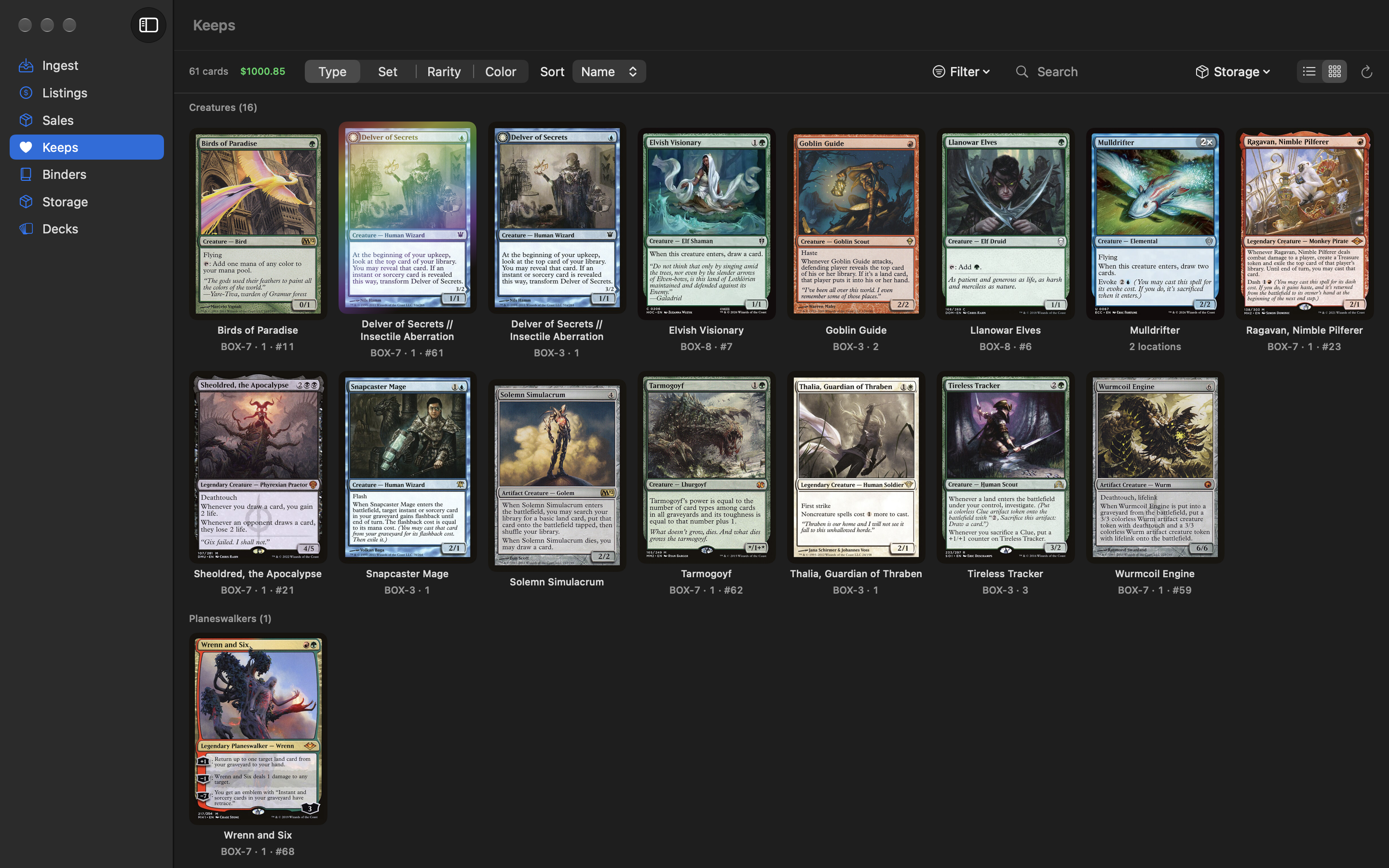 The Keeps section in grid view: card images grouped under Creatures, Instants, and other type headings, with copy counts on cards you own more than one of.