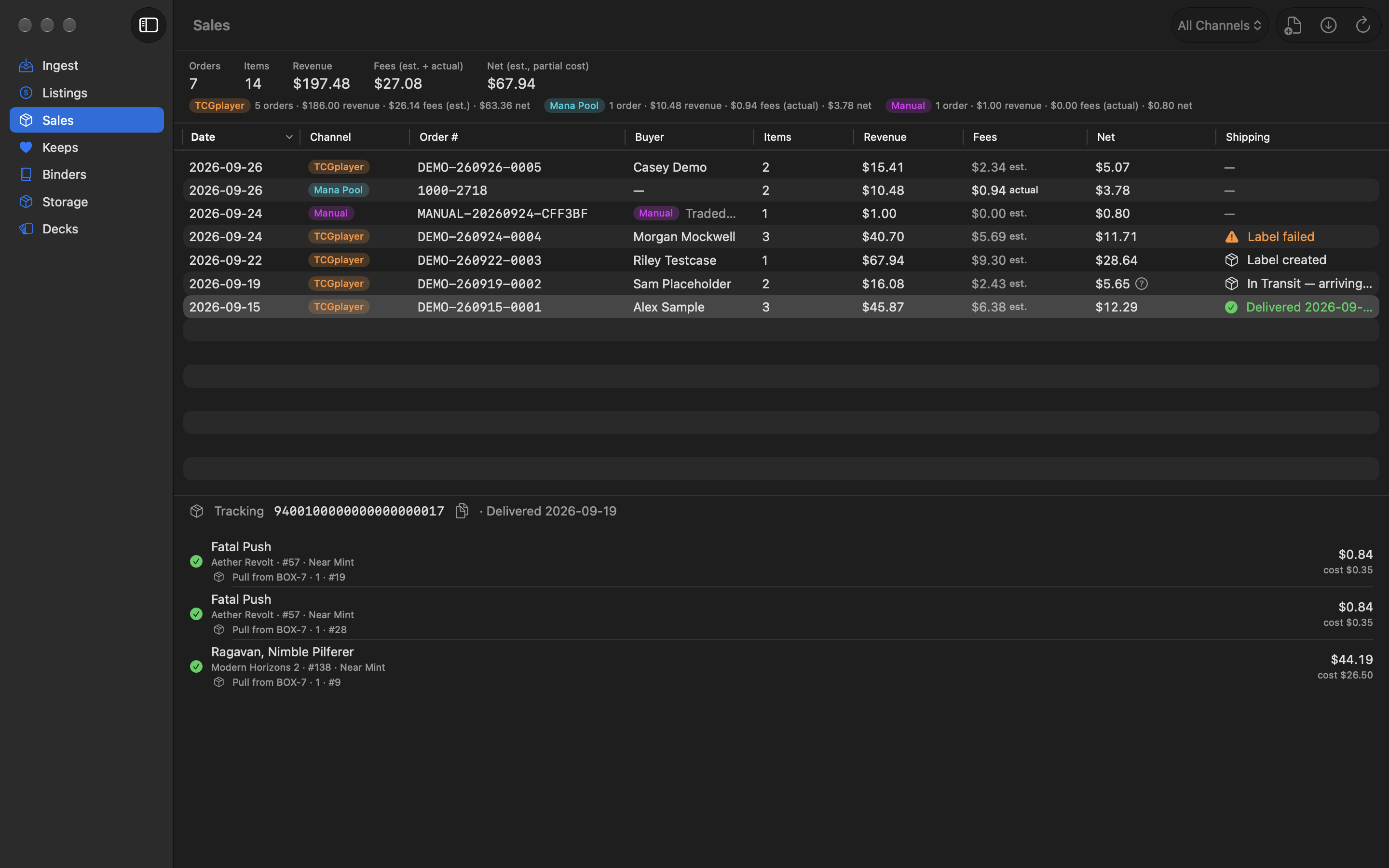 The Sales screen: a summary bar with orders, items, revenue, estimated fees, and estimated net; a table of recorded orders with a shipping column; and the selected order's cards with sale price, cost, and the storage slot each was pulled from.